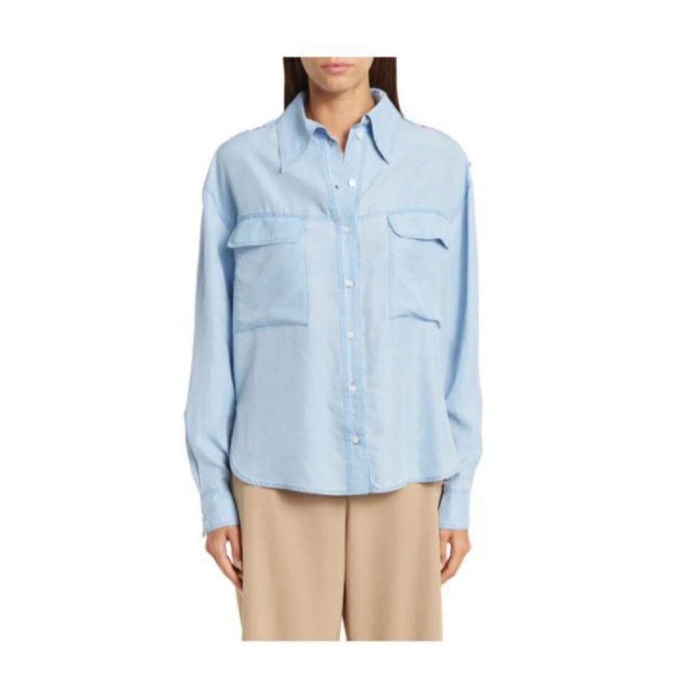 Stella McCartney Womens Blue Silk Collared Long Sleeve Button Blouse Sz 10 New - Picture 1 of 13